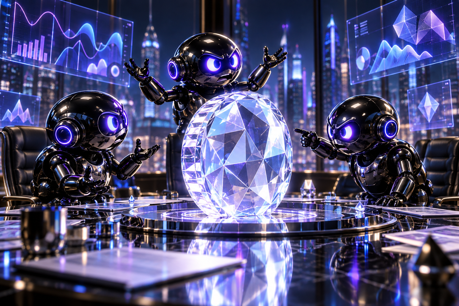 Three robots in an absurd boardroom around a glowing faceted crystal coin