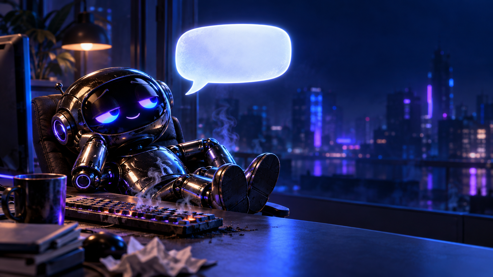An exhausted robot at a midnight desk with a smoking keyboard