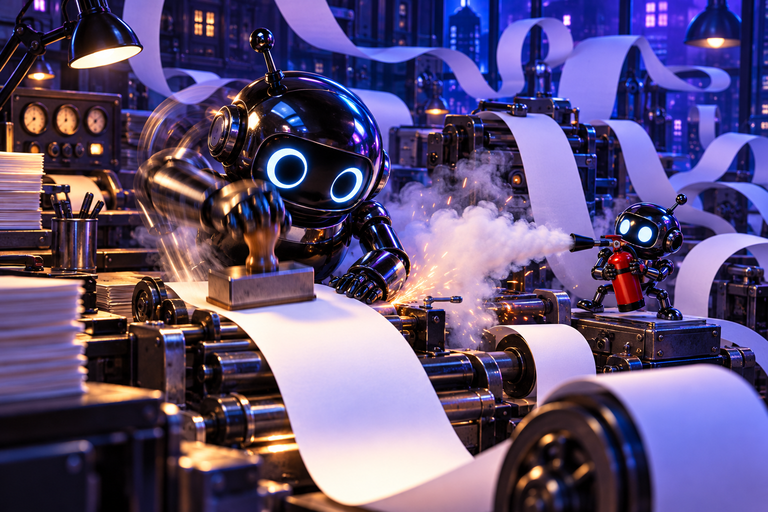 A robot stamping an endless paper tape while another robot handles a small emergency